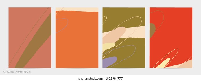 Set of vector abstract creative backgrounds in minimal trendy style. Modern templates for social media post stories. Fun doodle pattern.  Art landscape with abstract geometric shapes and colors.