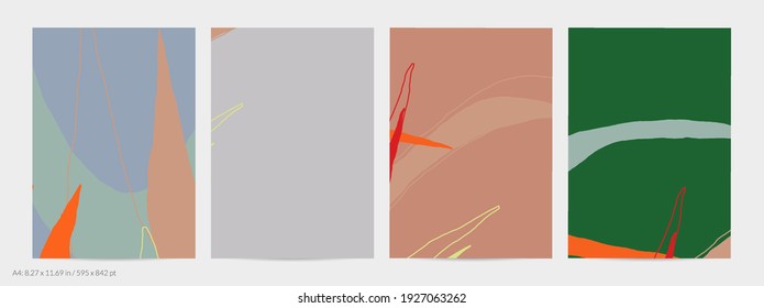 Set of vector abstract creative backgrounds in minimal trendy style. Modern templates for social media post stories. Fun doodle pattern.  Art landscape with abstract geometric shapes and colors.