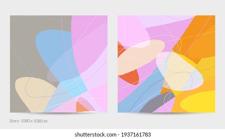 Set of vector abstract creative backgrounds in minimal trendy style. Modern templates for social media post stories. Fun doodle pattern.  Art landscape with abstract geometric shapes and colors.