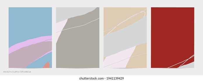 Set of vector abstract creative backgrounds in minimal trendy style. Modern templates for social media post stories. Fun doodle pattern.  Art landscape with abstract geometric shapes and colors.