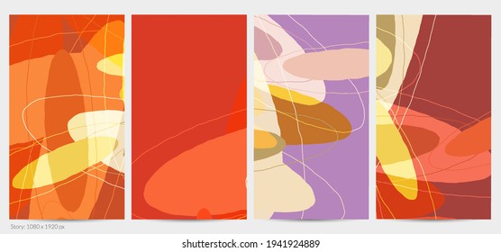Set of vector abstract creative backgrounds in minimal trendy style. Modern templates for social media post stories. Fun doodle pattern.  Art landscape with abstract geometric shapes and colors.