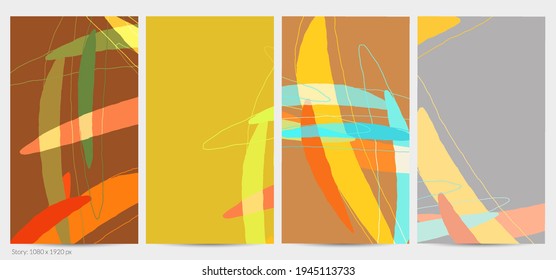 Set of vector abstract creative backgrounds in minimal trendy style. Modern templates for social media post stories. Fun doodle pattern.  Art landscape with abstract geometric shapes and colors.