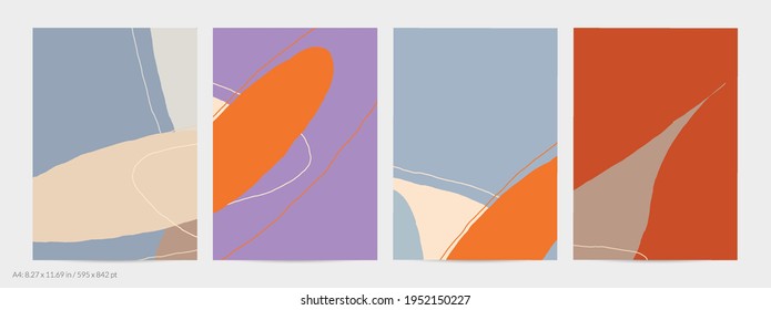 Set of vector abstract creative backgrounds in minimal trendy style. Modern templates for social media post stories. Fun doodle pattern.  Art landscape with abstract geometric shapes and colors.