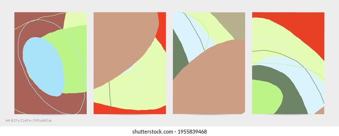 Set of vector abstract creative backgrounds in minimal trendy style. Modern templates for social media post stories. Fun doodle pattern.  Art landscape with abstract geometric shapes and colors.