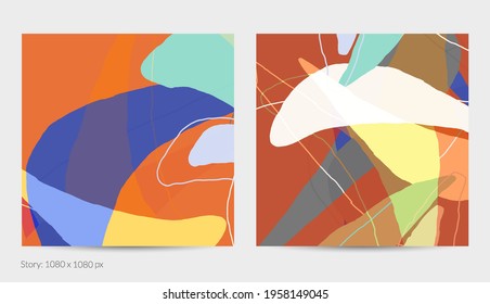 Set of vector abstract creative backgrounds in minimal trendy style. Modern templates for social media post stories. Fun doodle pattern.  Art landscape with abstract geometric shapes and colors.