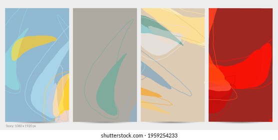 Set of vector abstract creative backgrounds in minimal trendy style. Modern templates for social media post stories. Fun doodle pattern.  Art landscape with abstract geometric shapes and colors.
