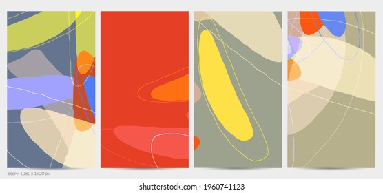 Set of vector abstract creative backgrounds in minimal trendy style. Modern templates for social media post stories. Fun doodle pattern.  Art landscape with abstract geometric shapes and colors.