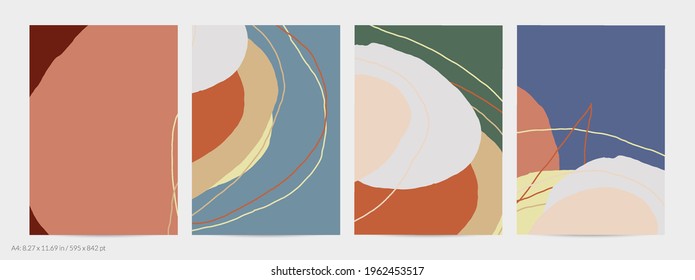Set of vector abstract creative backgrounds in minimal trendy style. Modern templates for social media post stories. Fun doodle pattern.  Art landscape with abstract geometric shapes and colors.