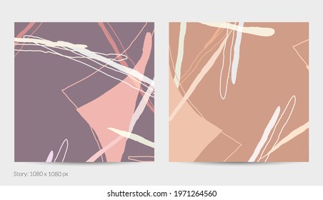Set of vector abstract creative backgrounds in minimal trendy style. Modern templates for social media post stories. Fun doodle pattern.  Art landscape with abstract geometric shapes and colors.