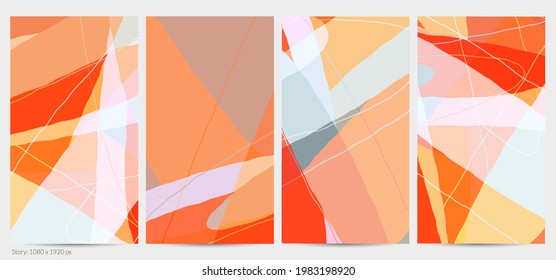 Set of vector abstract creative backgrounds in minimal trendy style. Modern templates for social media post stories. Fun doodle pattern.  Art landscape with abstract geometric shapes and colors.