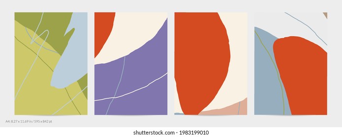 Set of vector abstract creative backgrounds in minimal trendy style. Modern templates for social media post stories. Fun doodle pattern.  Art landscape with abstract geometric shapes and colors.