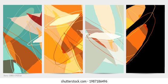 Set of vector abstract creative backgrounds in minimal trendy style. Modern templates for social media post stories. Fun doodle pattern.  Art landscape with abstract geometric shapes and colors.