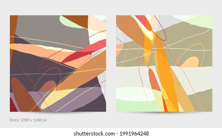 Set of vector abstract creative backgrounds in minimal trendy style. Modern templates for social media post stories. Fun doodle pattern.  Art landscape with abstract geometric shapes and colors.