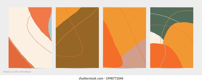 Set of vector abstract creative backgrounds in minimal trendy style. Modern templates for social media post stories. Fun doodle pattern.  Art landscape with abstract geometric shapes and colors.