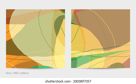 Set of vector abstract creative backgrounds in minimal trendy style. Modern templates for social media post stories. Fun doodle pattern.  Art landscape with abstract geometric shapes and colors.