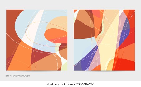 Set of vector abstract creative backgrounds in minimal trendy style. Modern templates for social media post stories. Fun doodle pattern.  Art landscape with abstract geometric shapes and colors.