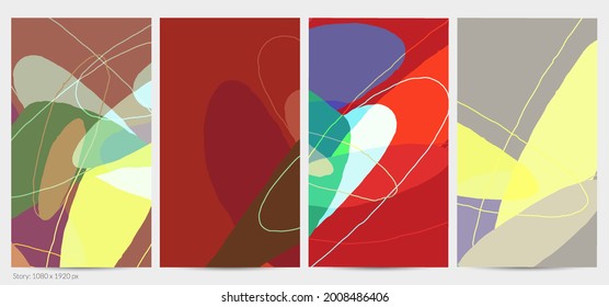 Set of vector abstract creative backgrounds in minimal trendy style. Modern templates for social media post stories. Fun doodle pattern.  Art landscape with abstract geometric shapes and colors.