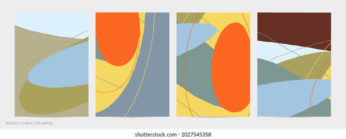 Set of vector abstract creative backgrounds in minimal trendy style. Modern templates for social media post stories. Fun doodle pattern.  Art landscape with abstract geometric shapes and colors.