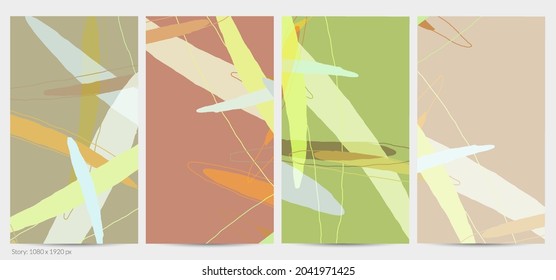 Set of vector abstract creative backgrounds in minimal trendy style. Modern templates for social media post stories. Fun doodle pattern.  Art landscape with abstract geometric shapes and colors.