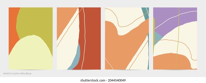 Set of vector abstract creative backgrounds in minimal trendy style. Modern templates for social media post stories. Fun doodle pattern.  Art landscape with abstract geometric shapes and colors.