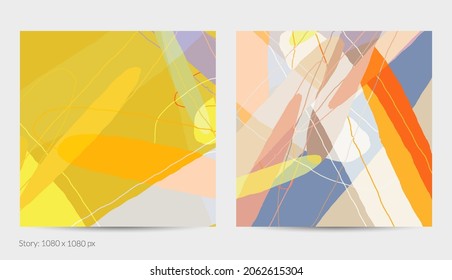 Set of vector abstract creative backgrounds in minimal trendy style. Modern templates for social media post stories. Fun doodle pattern.  Art landscape with abstract geometric shapes and colors.
