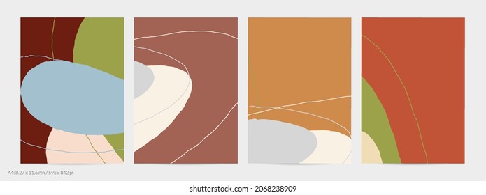 Set of vector abstract creative backgrounds in minimal trendy style. Modern templates for social media post stories. Fun doodle pattern.  Art landscape with abstract geometric shapes and colors.