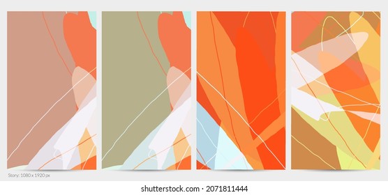 Set of vector abstract creative backgrounds in minimal trendy style. Modern templates for social media post stories. Fun doodle pattern.  Art landscape with abstract geometric shapes and colors.