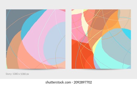 Set of vector abstract creative backgrounds in minimal trendy style. Modern templates for social media post stories. Fun doodle pattern.  Art landscape with abstract geometric shapes and colors.