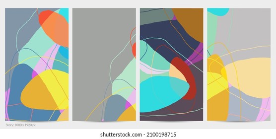 Set of vector abstract creative backgrounds in minimal trendy style. Modern templates for social media post stories. Fun doodle pattern.  Art landscape with abstract geometric shapes and colors.
