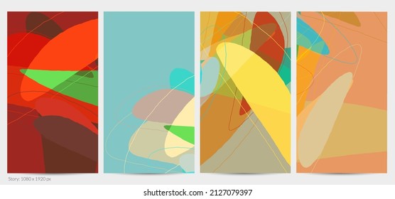 Set of vector abstract creative backgrounds in minimal trendy style. Modern templates for social media post stories. Fun doodle pattern.  Art landscape with abstract geometric shapes and colors.