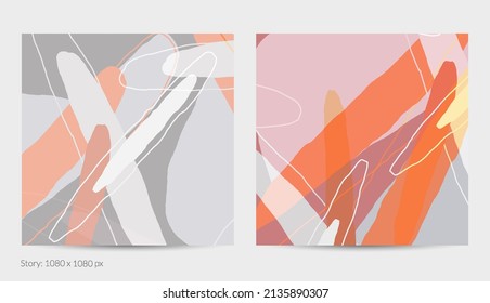 Set of vector abstract creative backgrounds in minimal trendy style. Modern templates for social media post stories. Fun doodle pattern.  Art landscape with abstract geometric shapes and colors.