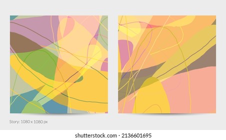 Set of vector abstract creative backgrounds in minimal trendy style. Modern templates for social media post stories. Fun doodle pattern.  Art landscape with abstract geometric shapes and colors.