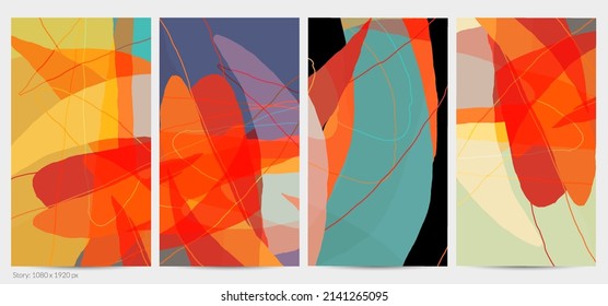 Set of vector abstract creative backgrounds in minimal trendy style. Modern templates for social media post stories. Fun doodle pattern.  Art landscape with abstract geometric shapes and colors.