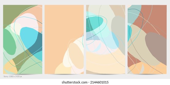 Set of vector abstract creative backgrounds in minimal trendy style. Modern templates for social media post stories. Fun doodle pattern.  Art landscape with abstract geometric shapes and colors.