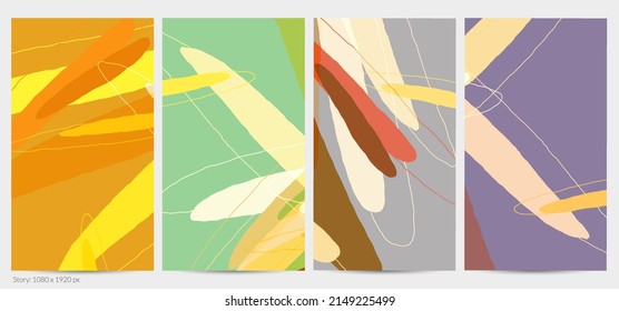 Set of vector abstract creative backgrounds in minimal trendy style. Modern templates for social media post stories. Fun doodle pattern.  Art landscape with abstract geometric shapes and colors.