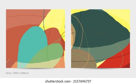 Set of vector abstract creative backgrounds in minimal trendy style. Modern templates for social media post stories. Fun doodle pattern.  Art landscape with abstract geometric shapes and colors.