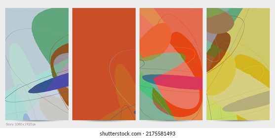 Set of vector abstract creative backgrounds in minimal trendy style. Modern templates for social media post stories. Fun doodle pattern.  Art landscape with abstract geometric shapes and colors.