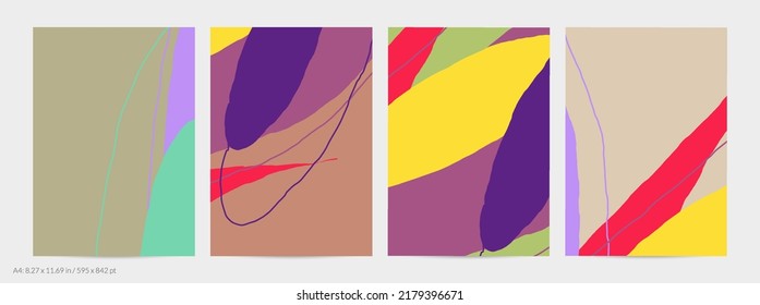 Set of vector abstract creative backgrounds in minimal trendy style. Modern templates for social media post stories. Fun doodle pattern.  Art landscape with abstract geometric shapes and colors.