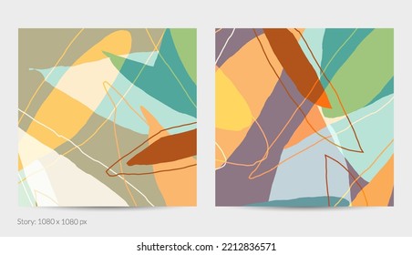 Set of vector abstract creative backgrounds in minimal trendy style. Modern templates for social media post stories. Fun doodle pattern.  Art landscape with abstract geometric shapes and colors.