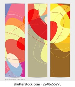 Set of vector abstract creative backgrounds in minimal trendy style. Modern templates for social media post stories. Fun doodle pattern.  Art landscape with abstract geometric shapes and colors.