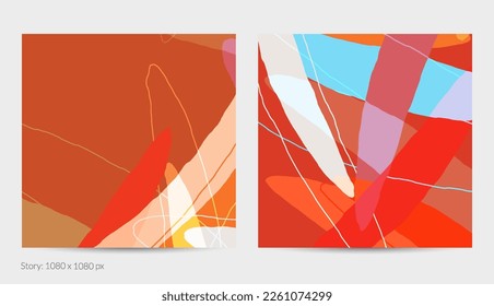 Set of vector abstract creative backgrounds in minimal trendy style. Modern templates for social media post stories. Fun doodle pattern.  Art landscape with abstract geometric shapes and colors.