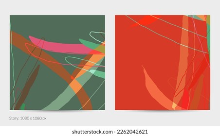 Set of vector abstract creative backgrounds in minimal trendy style. Modern templates for social media post stories. Fun doodle pattern.  Art landscape with abstract geometric shapes and colors.