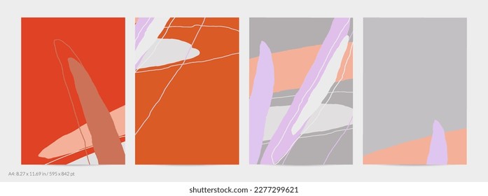 Set of vector abstract creative backgrounds in minimal trendy style. Modern templates for social media post stories. Fun doodle pattern.  Art landscape with abstract geometric shapes and colors.