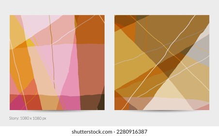 Set of vector abstract creative backgrounds in minimal trendy style. Modern templates for social media post stories. Fun doodle pattern.  Art landscape with abstract geometric shapes and colors.
