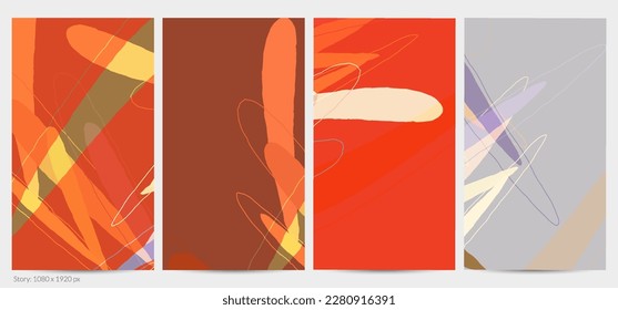 Set of vector abstract creative backgrounds in minimal trendy style. Modern templates for social media post stories. Fun doodle pattern.  Art landscape with abstract geometric shapes and colors.