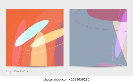 Set of vector abstract creative backgrounds in minimal trendy style. Modern templates for social media post stories. Fun doodle pattern.  Art landscape with abstract geometric shapes and colors.