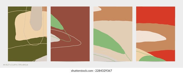 Set of vector abstract creative backgrounds in minimal trendy style. Modern templates for social media post stories. Fun doodle pattern.  Art landscape with abstract geometric shapes and colors.