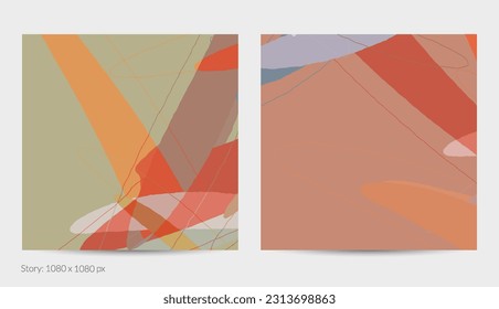 Set of vector abstract creative backgrounds in minimal trendy style. Modern templates for social media post stories. Fun doodle pattern.  Art landscape with abstract geometric shapes and colors.