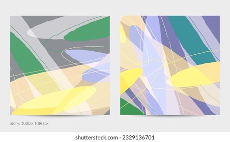 Set of vector abstract creative backgrounds in minimal trendy style. Modern templates for social media post stories. Fun doodle pattern.  Art landscape with abstract geometric shapes and colors.