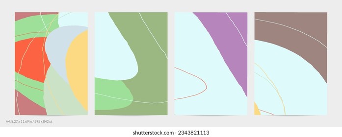 Set of vector abstract creative backgrounds in minimal trendy style. Modern templates for social media post stories. Fun doodle pattern.  Art landscape with abstract geometric shapes and colors.